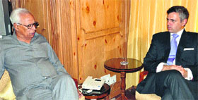 Governor NN Vohra with Chief Minister Omar Abdullah during their meeting at Raj Bhawan in Srinagar on Friday.