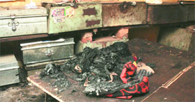 The revenue centre-cum-complaint cell of the Power Development Department which was set on fire by unidentified miscreants in Trikuta Nagar, Jammu, on Friday.