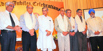 (From left) Dr YK Chawla, Director, PGI, Dr IC Pathak, former PGI director, Pawan Kumar Bansal, Union Minister, Dr BK Sharma, Dr SK Sharma, DR KK Talwar, all formar PGI directors, and Montek Singh Ahluwalia, Vice- Chairman, Planning Commission, at the inaugural function of the Golden Jubilee Celebration at PGIMER in Chandigarh on Saturday.