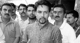 BJYM national chief Anurag Thakur addresses mediapersons at Kangra on Saturday.