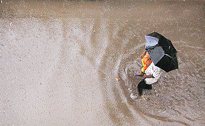 A couple takes shelter under an umbrella as they walk on a waterlogged road in Jalandhar on Saturday.