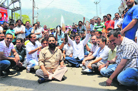 Protesters at the base camp of Shri Mata Vaishno Devi Shrine at Katra on Saturday. 