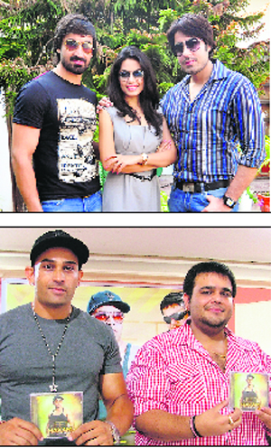 Actors of Yaraan naal Baharaan-II during the promotion of their film; and (below) Jeet Hakkam (left) and Sachin Ahuja during the release of their album Jeet Hakam in Ludhiana on Saturday. 