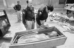 Police officers examine an ancient Buddhist sculpture seized on Friday.  AP