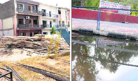 A park being used for building material; and (right) the entry to the polyclinic at Sector 22 is water-logged in Chandigarh on Sunday