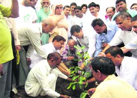 People plant saplings as part of clean green Ganga drive at Ganga Park in Rishikesh on Sunday