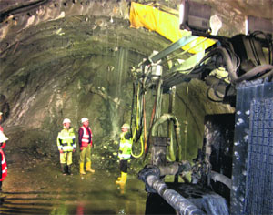 Engineers inspect water ingress at the last point of the excavation of the Rohtang Tunnel