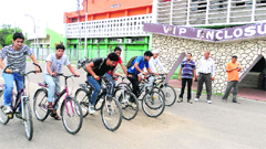 Participants during trials for the J&K cycling team at MA Stadium in Jammu on Sunday.