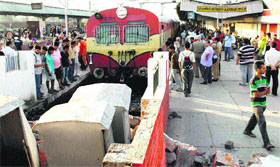 The DMU that collided with the dead end of a railway platform in Jalandhar on Sunday.