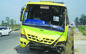 The bus, which met with an  accident leaving 17 persons injured, in Phagwara on Sunday.