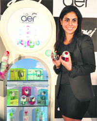 Godrej Industries president, human capital & innovation, Nisaba Godrej launching the firms 'aer' freshners for cars and homes in New Delhi on Monday.  Tribune photo