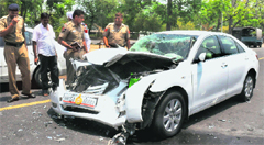 The damaged car of Haryana Health Minister Rao Narender Singh near Sukhna Lake in Chandigarh on Monday. Tribune Photo: S Chandan