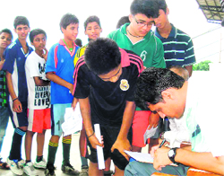 Boys during the AIFF regional football academy trials in Dehradun on Monday. A Tribune photograph