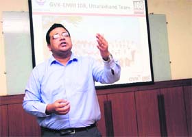 Manish Tinku, state head of the GVK EMRI 108 emergency services, addresses a press conference in Dehradun on Tuesday