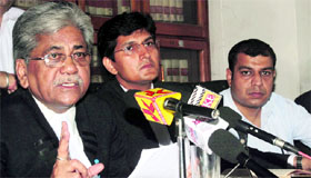 BS Slathia, president, Bar Association, Jammu, addresses a press conference in Jammu on Tuesday.