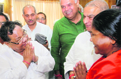 Presidential candidate PA Sangma with BJP leaders in Lucknow on Wednesday.  PTI