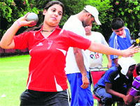 A player throws a shot put in Chandigarh on Thursday. Tribune photos: Parvesh Chauhan