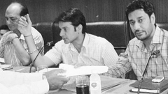Deputy Commissioner Varun Rujam, chairman of the District Planning Committee, and Harbhajan Mann during a meeting in Mohali on Thursday. A tribune photograph