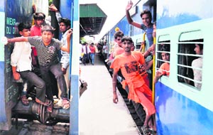 Kanwariyas reach Haridwar by train on Thursday. 