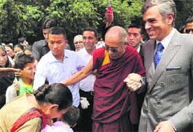 The Dalai Lama with Chief Minister Omar Abdullah in Srinagar on Thursday