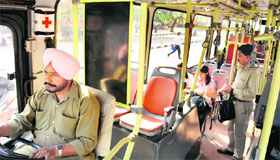 Low passenger occupancy in a CTUs Metro route bus between the PGI and Panchkula.