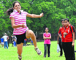 A girl takes part in a long jump event at the Sub-Junior Athletics Championship at Sports Complex, Sector 46, in Chandigarh on Friday.