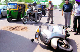 The scooter of Surinder Chandna that was hit by a truck near the Zirakpur tax barrier on Friday.