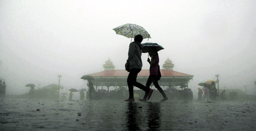 Girls brave a fresh spell of rain in Shimla on Friday. 