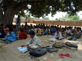 Students of different grades collectively attend a class at the Khalsa Primary School in Muktsar.