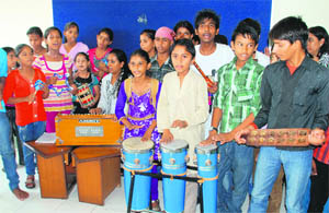 Children sing Hum Honge Kamyab during a cultural programme at Panchulka on Saturday. 