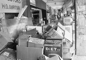Encroachments by shopkeepers on the verandah in a market of Phase II in Mohali. 