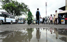 A view of the Katra bus stand where thousands of pilgrims arrive daily to visit the Mata Vaishno Devi shrine.