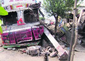 A truck that rammed into vends at a bus stand in Dehlon village on Friday night
