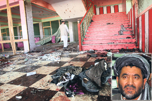 The scene inside the wedding hall where a suicide bomber detonated himself killing Afghan lawmaker Ahmad Khan Samangani (inset) and 22 others in Aybak city, the capital of Samangan province, on Saturday.