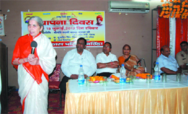 Former Punjab Health Minister Laxmi Kanta Chawla addresses the gathering at a function held to mark the founders day of the Bharat Vikas Parishad in Bathinda on Sunday. 