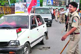 Police personnel manage traffic on NH 58 in Haridwar on Sunday