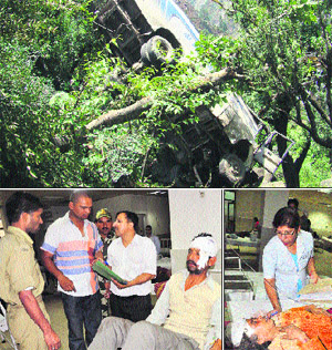 The mangled remains of the bus that rolled down a gorge in Ramban district. (Below) Injured Amarnath pilgrims in Government Medical College Hospital in Jammu on Sunday