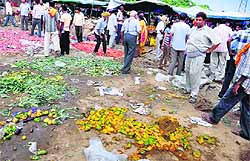 Vegetables and fruits scattered at the subzi mandi in the BRS Nagar area where the MC carried out an anti-encroachment drive on Sunday