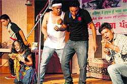 Artistes of the Akas Rang Manch stage a play Dukhadi Rag Punjab Di in Ludhiana