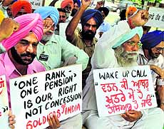 Members of the Ex-Servicemen Welfare Association hold a protest in Patiala on Sunday