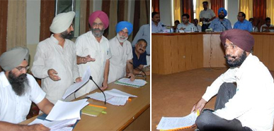 Congress councillors (left) raise a point against the supplementary agenda introduced at the general House meeting of the Municipal Corporation Bathinda on Monday. Councillor Khem Singh Maakar (above) sits in front of the MC officials demanding passing of projects in his area.