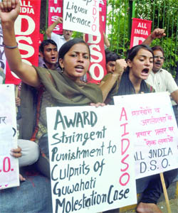 Activists of the All-India Mahila Sanskritik Sangathan and the All-India Democratic Organisation protest against the recent molestation of a girl by a mob in Guwahati, in New Delhi on Monday. 