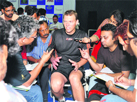 Renowned table tennis player Peter Karlsson interacts with mediapersons at Manav Rachna School in Faridabad.