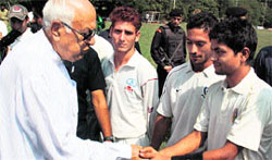 Union Minister for New and Renewable Energy and president of Jammu and Kashmir Cricket Association Farooq Abdullah interacts with players during the inauguration of Parvez Qureshi Memorial Invitational Cricket Tounament in Srinagar on Monday.