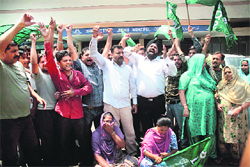 Activists of the PDP Youth wing stage a protest in front of the Jammu municipal corporation office in Jammu on Monday. Photo: Inderjeet Singh