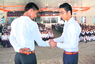 Schoolchildren learn first-aid tips during a training session organised by the Ambulance 108 at Bhai Dan Singh Senior Secondary School, Manuke, on Monday.