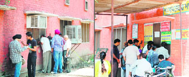 Visitors at the counters at the District Transport office in Amritsar; (right) Applicants stand under a tin roof at the Food and Civil Supplies office. 
