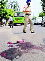Blood spattered on the road where a bus crushed the leg of a girl in front of Government Model Senior Secondary School for Girls, Sector 18, Chandigarh, on Tuesday