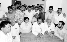 Congress observers Shalinder Mohan and Shamsheer Singh Goggi flanked by DCC president Suman Verma and HPCC secretary Ajay Verma in Kangra on Tuesday.