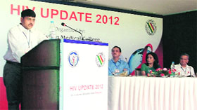 An expert addresses a conference on HIV/AIDS organised by the CMCH and DMCH in Ludhiana on Tuesday.